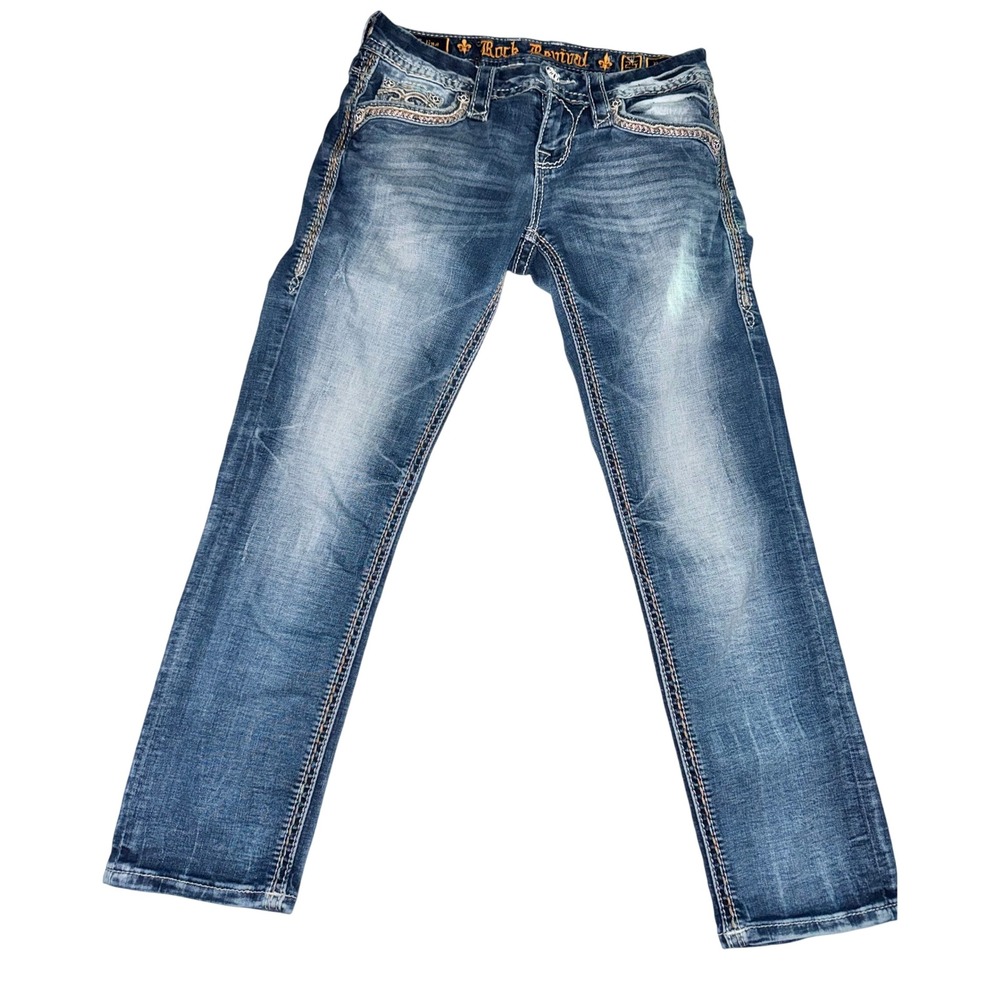 Rock Revival Jelina Easy Crop Jeans Blue Embroidered Distressed Women 25x24‎